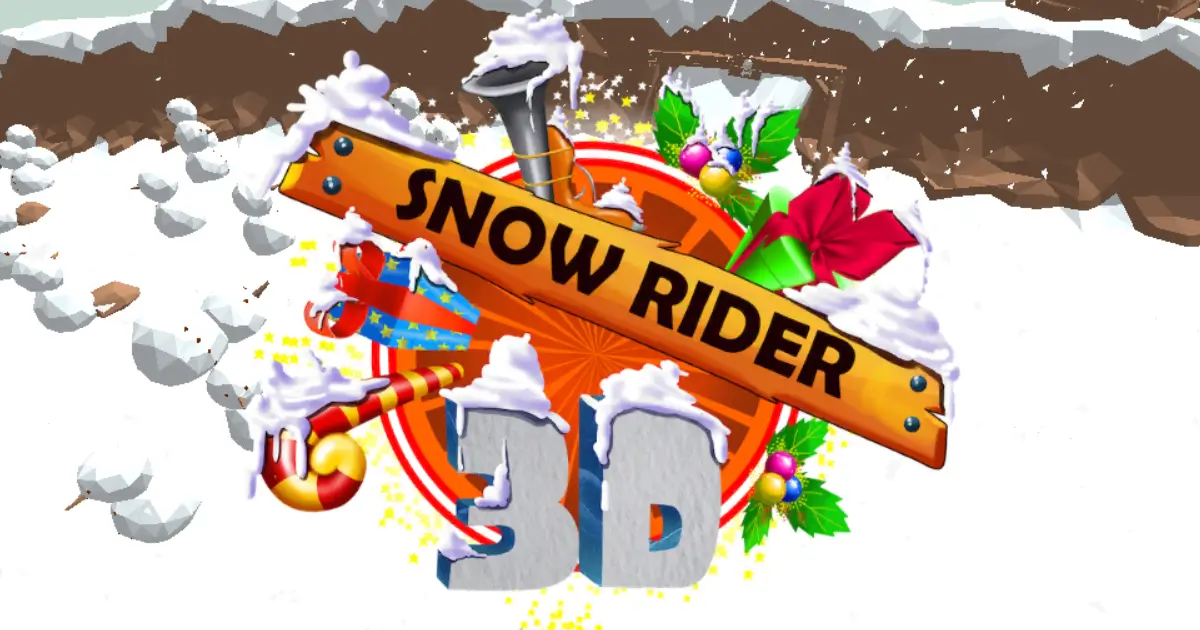 Snow Rider 3D gameplay screenshot showing a character sledding down a snowy slope while avoiding obstacles and collecting gifts